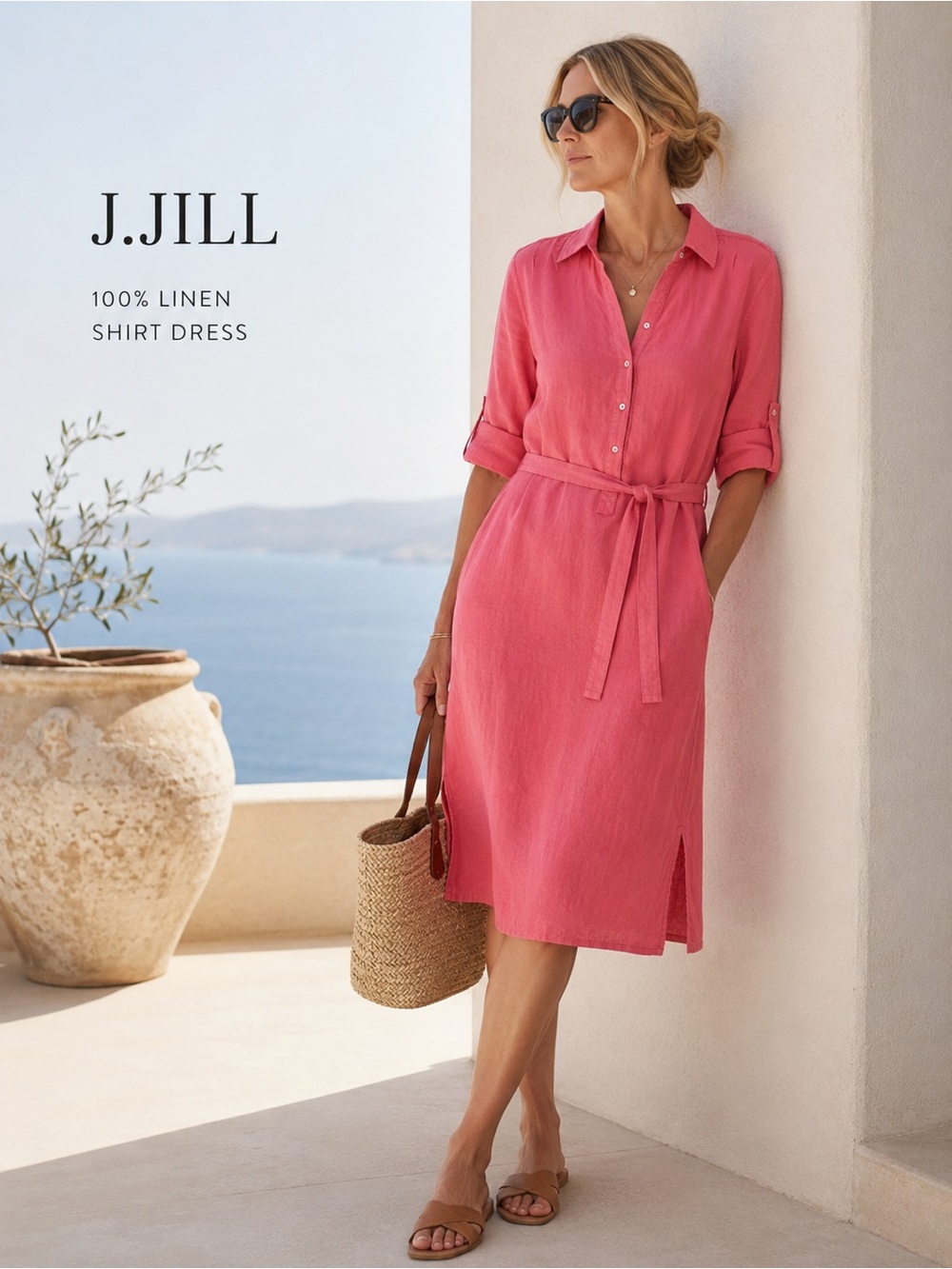 J. Jill 100% Linen Coral Blush Belted Shirt Dress Medium M